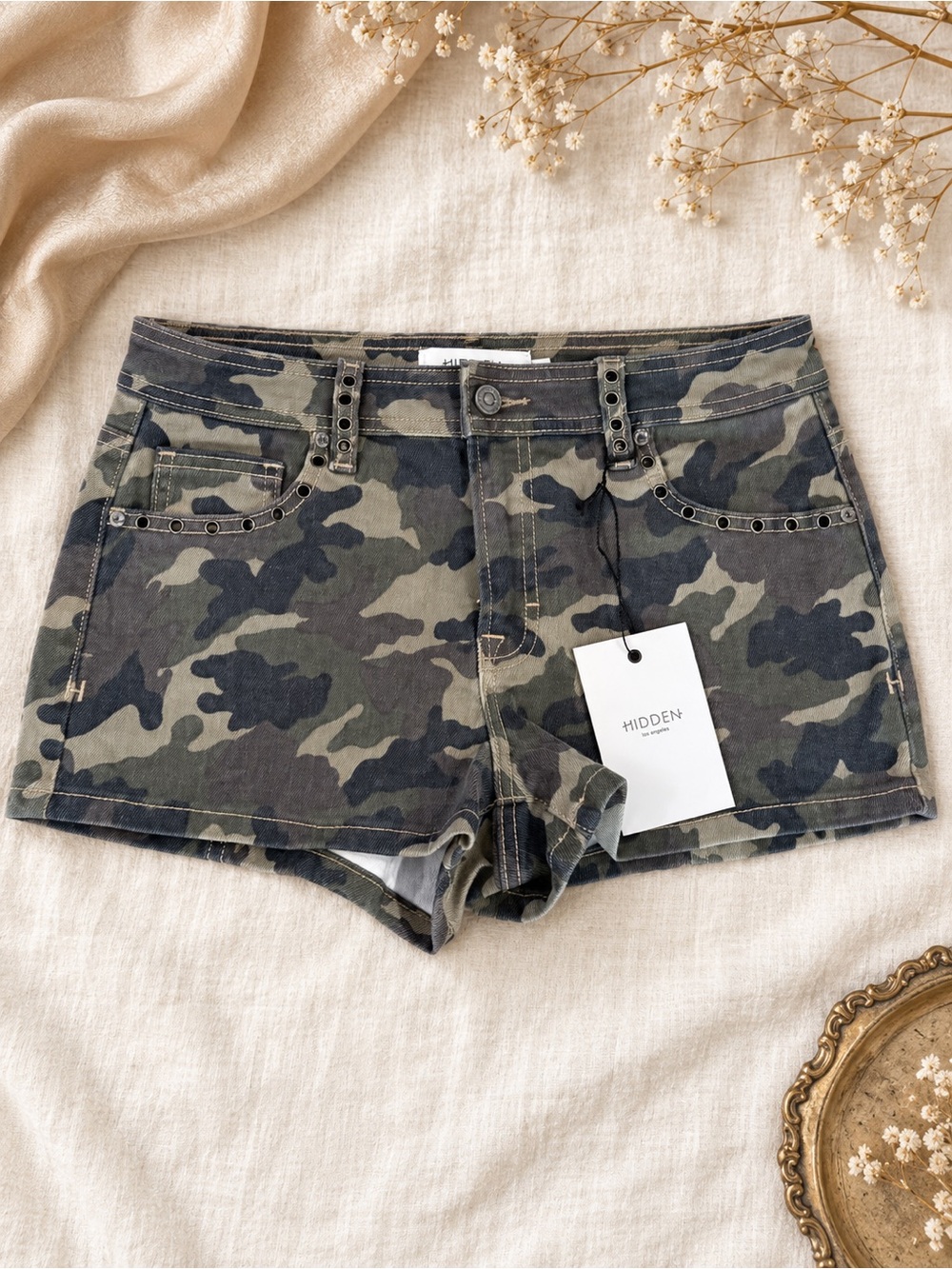 Hidden Camo Mid-Rise Jean Shorts - Olive Green